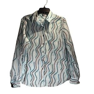 Chico’s Shaped Fit Button Down Shirt Women’s 8 Blue Wave Print Textured Cotton
k